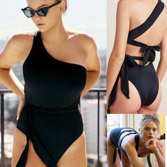 NWT HAH X Free People One Piece Swimsuit Small 1 4 Ur Soul 1 Shoulder Black - Picture 1 of 15